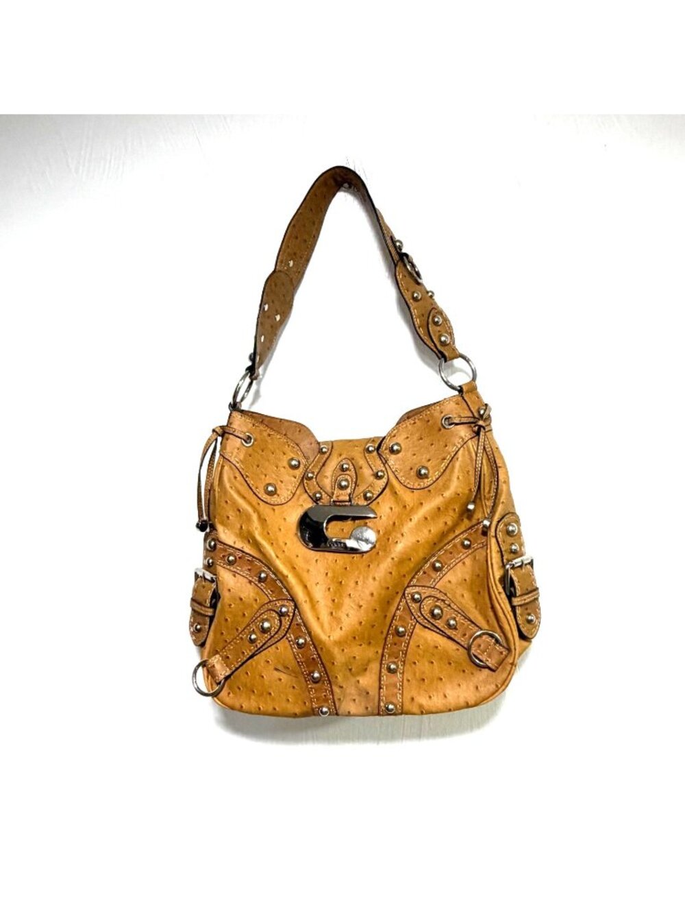 Vintage GUESS Y2K Ostrich Embossed Studded Hobo Shoulder Bag Rare Tan Purse